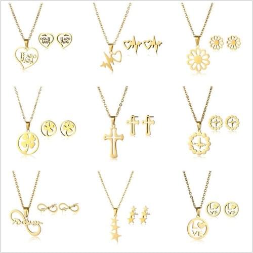 Korean Jewelry Set Stainless Steel Set for Women Clover Shape Heat Letter Necklace Earrings for Women Lovers Engagement