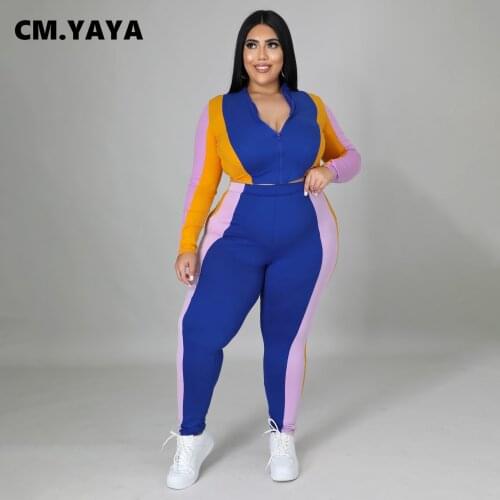 CM.YAYA Women Plus Size Set Patchwork Full Sleeve Zip Crop Tops Stretchy Pencil Pants Two 2 Piece Set Fashion Outfit Spring Fall