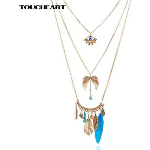 TOUCHEART Multi Layer Feather Necklace Colorful Gold color Necklace for Woman Ethnic Jewelry Vintage Accessories SNE160035