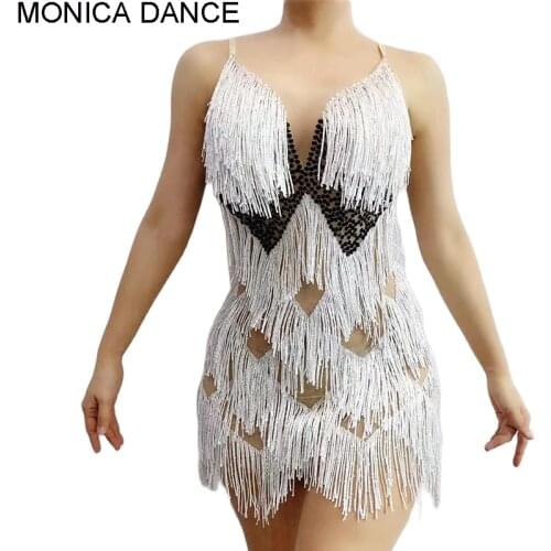 Women Sexy Stage Black Rhinestone White Fringe Transparent Dress Women Dancer DS Bar Club Outfit Birthday Celebrate Prom Dress