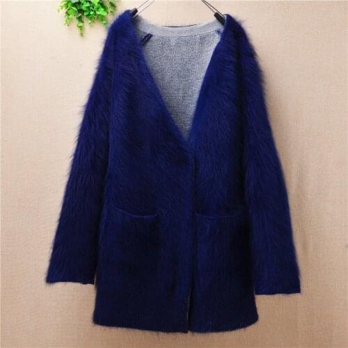 Women top quality mink fur coat angora rabbit fur knitted sweater Femmn v-neck with pockets loose jackets winter cardigan solid