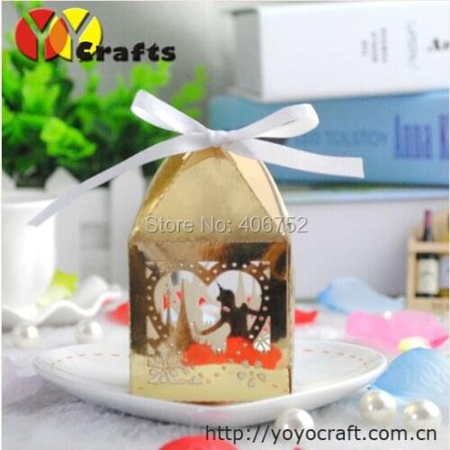 Gold color arab wedding candy boxes 50pcs/lot free shipping laser cut arabic chocolate gift box with ribbon