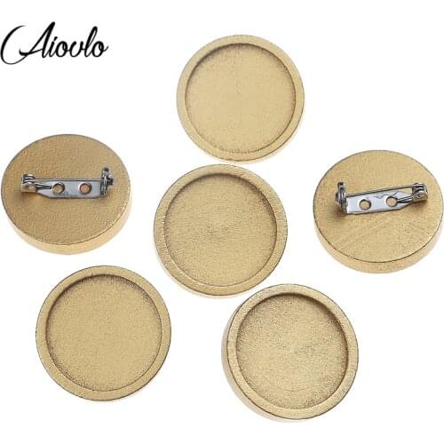 10pcs Vintage Gold Wood Cabochon Brooch Base Settings 25mm Round Bezel Tray Diy Stainless Steel Brooches Pin for Jewelry Making
