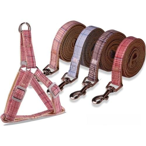 Pet Dog Harness Leash 2 Sets Classic Check Teddy Collar Dog Walking Rope Chain For Small Medium Pet Harness Suit Leash Set
