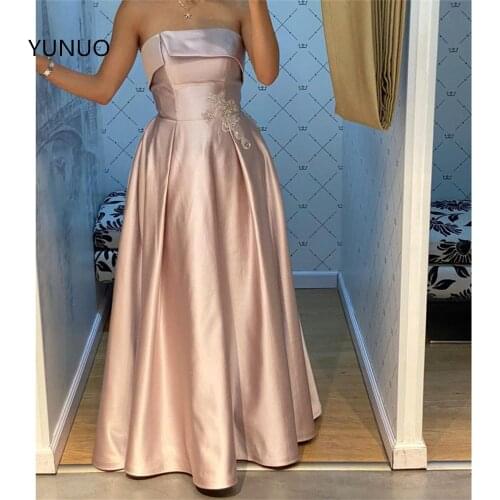 YUNUO Satin Strapless Prom Dresses A-line Sleeveless Custom Made Formal Party Gowns Floor Length Robe De Soiree Evening Dress