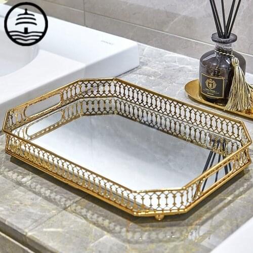 BAO GUANG TA Vintage European Mirror Glass Metal Storage Tray Gold Rectangle/Round Fruit Plate Desktop Jewelry Display R5782