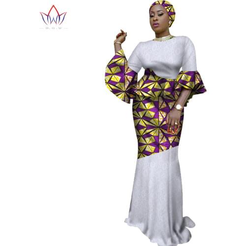 Dashiki African Print Fabric & White Lace Patchwork Set African Skirt Set for Women Bazin Sexy Dress for Wedding WY3186