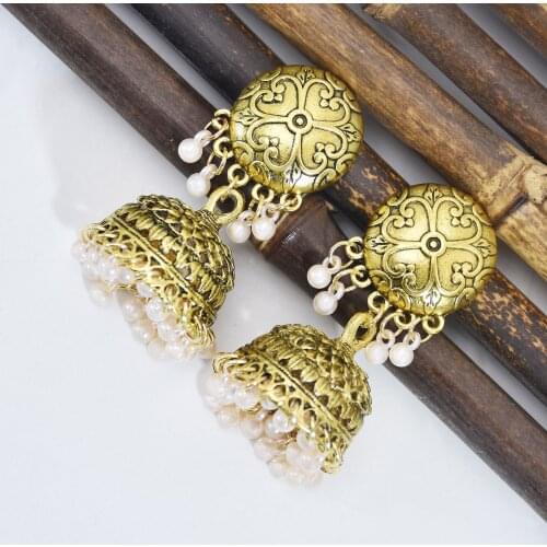 Bohemian Ethnic Pearl Pendant Traditional Earrings Indian Jhumka Jhumki Golden Vintage Birdcage Bell Earrings Gypsy Jewelry