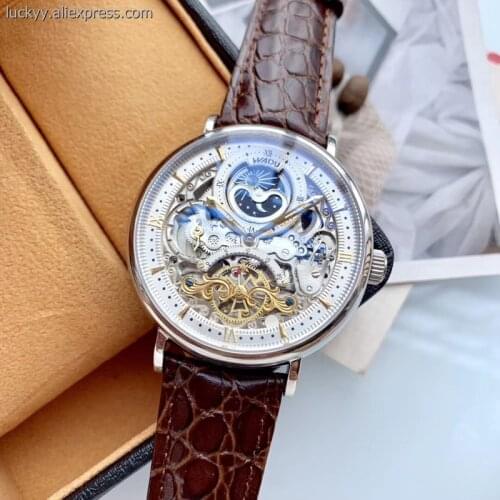 Amazing Skeleton Automatic Watch Men Sun Moon Phase Two Place Time Mens Tourbillon Mechanical Steel Watches A73