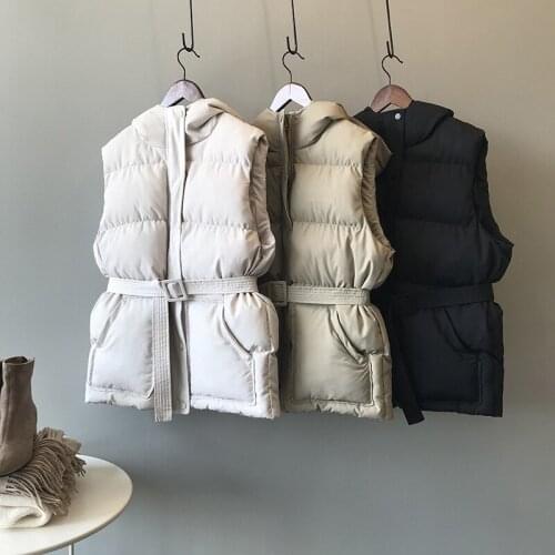 Women Vest Winter Jacket Pocket Hooded Coat Warm Casual Cotton Padded Vest Female Slim Sleeveless Waistcoat Belt In Stock