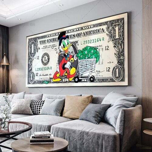 Donald Duck Money Hundred Dollars Canvas Painting Disney Cartoon Posters and Prints Wall Art for Living Home Room Decoration