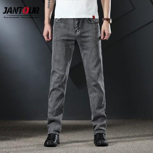 Spring Autumn Mens Elastic Medium Waist Jeans Mens Slim Fit Straight-Cut Simple Casual Men Washing Gray Cowboy Trousers 28-40
