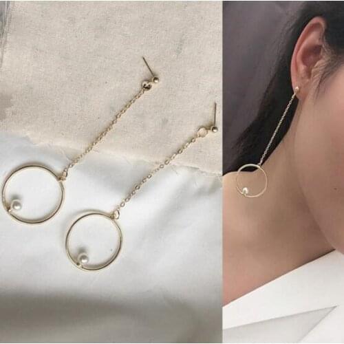 Ex364 Korean version Fashion Simple Tassel chain Alloy Geometric Circle Imitation Pearl Earrings Jewelry Accessories
