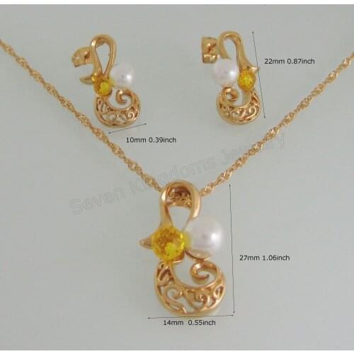 Foromance/- YELLOW GOLD GP 18" WATER WAVE NECKLACE FLOWER SIMULATED PEARL PENDANT STUD EARRING CZ STONE SET