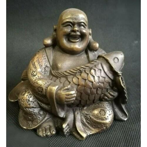 Chinese Copper Buddhism Fengshui Fish Money Wealth smile Maitreya Buddha Statue