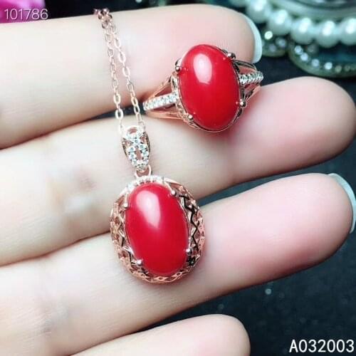 KJJEAXCMY Fine Jewelry 925 sterling silver inlaid natural red coral female ring pendant set popular Support detection