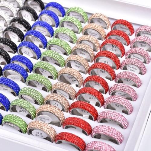 10pcs/lot Multicolor Five Rows Rhinestone Stainless Steel Rings For Women Fashion Party Gifts Wedding Jewelry