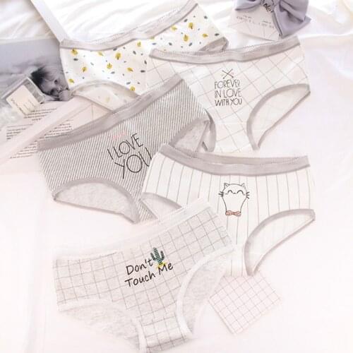 5 Pcs Pack Womens Underwear Cotton Cute Cat Stripe Printed Sweet Japanese Cartoons Midwaist Girl Lingerie Comfort Briefs Set