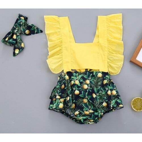 2020 Baby Summer Clothing Infant Newborn Baby Girls Leaves Fruits Bodysuits Dress Print Jumpsuits Sleeveless Sunsuit Headband12