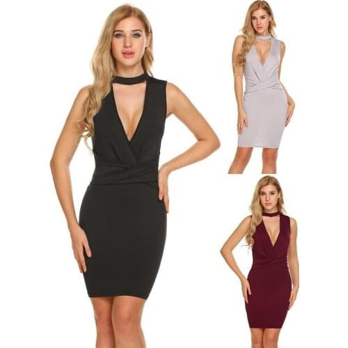 Sexy Deep V-neck Miniskirt Elegant Sleeveless Halter Neck Nightclub Wear High Quality 100% Cotton Solid Color Womens Clothing