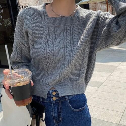 Korean Autumn Winter Fashion Sweaters Women Solid Cotton Long Sleeve Pullover Vintage Casual Knitted Streerwear Sweaters 17255