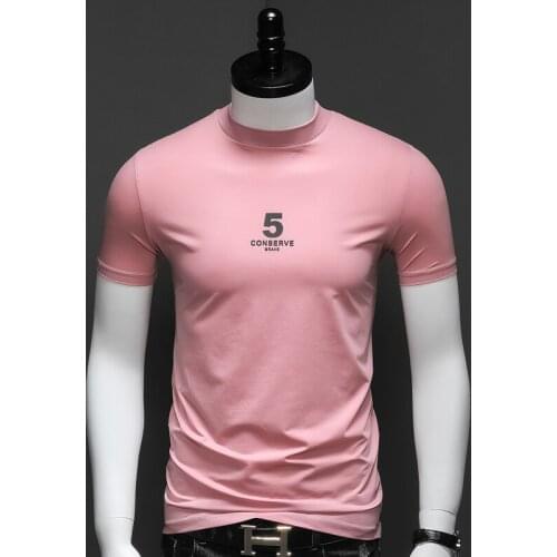 2021 Summer Men T-Shirt Pink Little Turtleneck Short Sleeve Stretch Cotton Tshirt Fashion Number Letter Print Slim Fit T Shirt