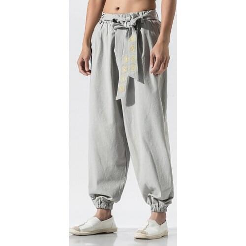 Mens Loose Casual Trousers Long Pants 100% Cotton Embroidery Belt Big Size M-5XL