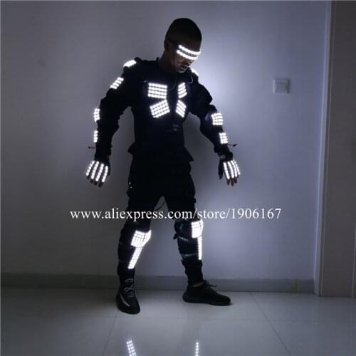 Led Luminous Robot Men Dance Suit DJ Armor Glasses Gloves Colorful Led Light Up Flashing Costumes Performance Outfits Clothes