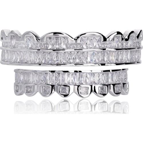 New Baguette Set Teeth Grillz Top & Bottom Silver Color Grills Dental Mouth Hip Hop Fashion Jewelry Rapper Jewelry Gift