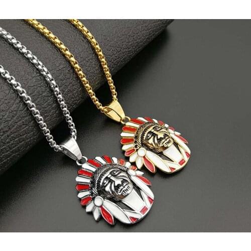 Hip Hop Gold Silver Color Titanium Stainless Steel Indian Chief Pendants Necklace for Men Rapper Jewelry Drop Shipping