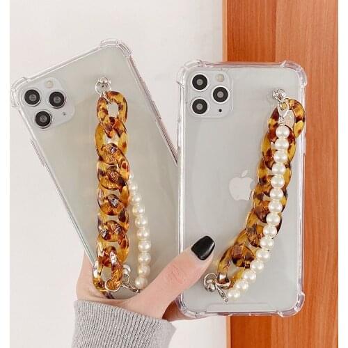Luxury Brown Mrbel Stone double Chain Phone Case for iphone 12Pro Max XS XR 8 7Plus 11 Pro Max Pearls hand strap Capa Cover
