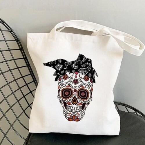 Shopper Black Bandana Sugar Skull Printed Tote Bag women Harajuku shopper handbag Shoulder shopping bag Lady Canvas Bag