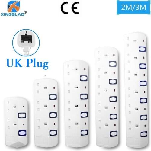 Power Strip Socket UK 3 Pins Plug 2/3/4/5/6 Way Extension Cord Outlet Individual Switch Fused Surge Protector 13A 250V Household