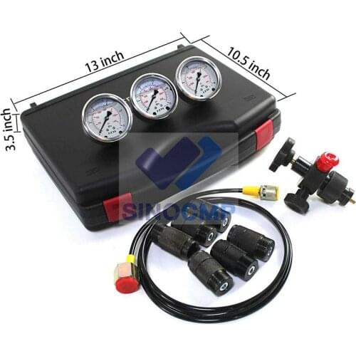 Hydraulic Nitrogen Accumulator Charging System Pressure Gauge Diagnostic Tool with 3 Gauges, 7 Couplings and 1 Gas Hose