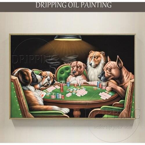 Unique Design Hand-painted Funny Animal Dogs Playing Poker Oil Painting on Canvas Handmade Wall Decor Dog Gambling Oil Painting