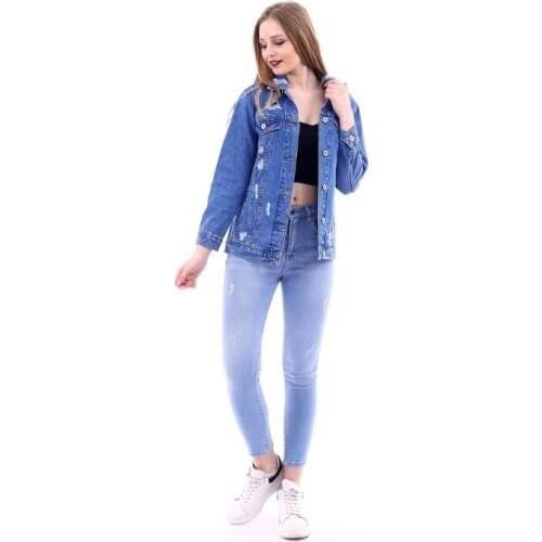 Womens Back Lettering Detailed Denim Jacket 2021 New Season Outerwear Young Style Chest Double Pocket Front ButtonClosureCasual