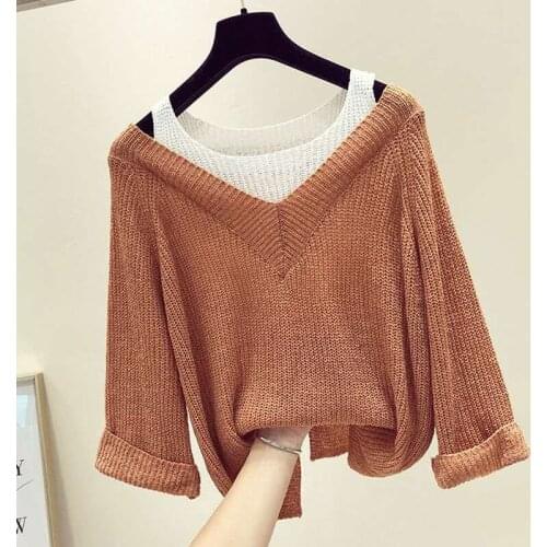 Womens 2021 Solid Color Fake Two-piece Long-sleeved Off-the-shoulder Sweater Female Loose Sweater Bottoming Pullover Top Autumn