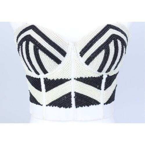 2021 New Female Korean Fashion Camisole Pearl Beaded Solid Color Crop Top Bustier Bra Night Club Party Sexy Tank Tops Y760