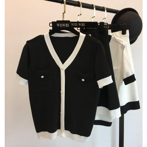 Amolapha Women Knitted Pullover Skirts OL Suits V Neck Short Sleeve Buttons Woman Casual Sweater Skirt Work Costumes Sets