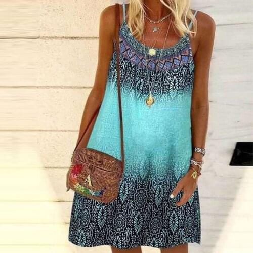 Women Bohemian Dress Summer Loose Printed Sleeveless Sundress Ladies Beach Vestidos Plus Size A-Line Spaghetti Strap Mini Dress