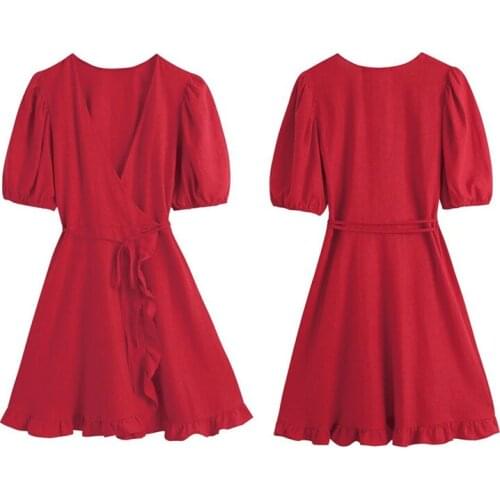 Women Fashion Cross V Neck Ruffle Dress Femme Chic Sweet Pleated Puff Sleeve Casual Lace Up Mini