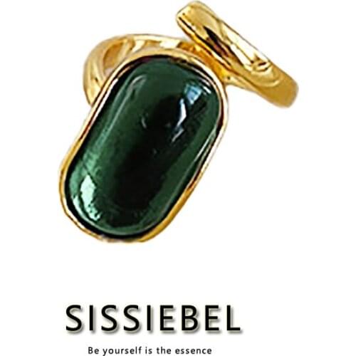 Design Sense Oval Green Crystal Gold Open Rings Female Korean Fashion Jewelry Gothic Girls Luxury Accessories Rings For Woman