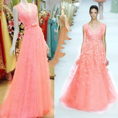 Flowers beading Prom Dresses 2019 vestidos de gala v-neck prom dress pink tulle bow party gown sexy cheap Evening dress