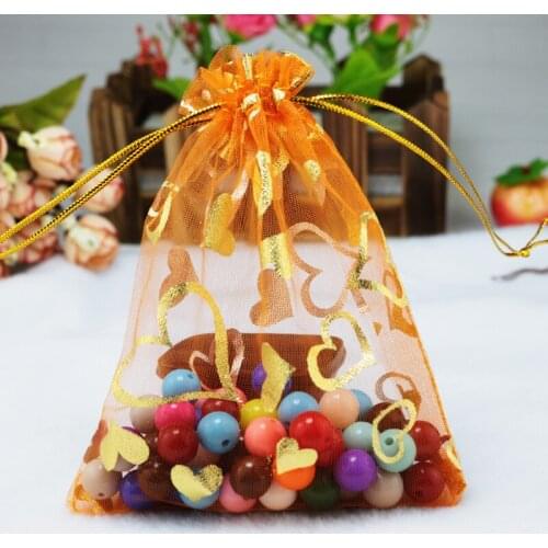 100Pcs/lot 15x20cm Orange Hearts Organza Bags Wedding/Christmas Drawstring Gift Bag Favor Candy Gifts Jewelry Packaging Bags