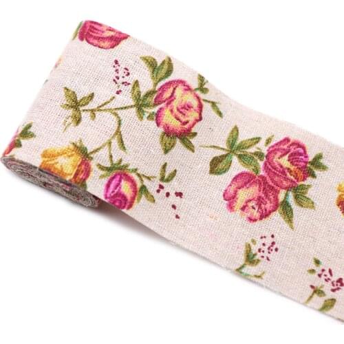 2mx6cm Printed Flower Ribbon Cotton Linen Roll Sewing Fabric for DIY Cloth Hat Bag Christmas Wedding Party Favor Gift Wrapping
