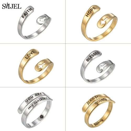 2021 Jewelry Faith Adjustable Stainless Steel Rings For Women Vintage Cross Letter Hope Love Blessed Round on Fingers Gifts