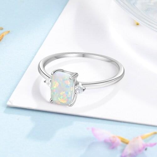 925 Sterling Silver White Opal Rings for Women Fashion Zirconia Rectangular Opal Ring Fine Jewelry