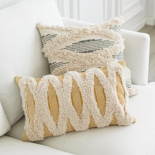 Beige Pure Cotton Geometric Cushion Cover 45*45CM Woven Pinstripe Tufted Yellow Pillowcase Eu Style Home Sofa Cushion Office