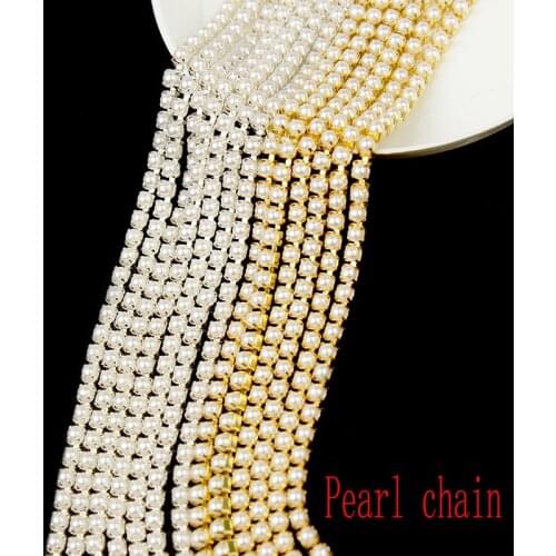 10yards/Roll Pearl chain Crystal Glass 2mm -3mm Gold/silver Base Cup Close Rhinestone Chain Apparel Sewing Style diy Clothes