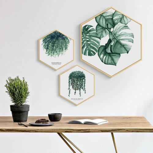 Nordic Style Leave Hexagon Canvas Painting Green Plants Wall Picture For Living Room Unique Posters And Prints Home Decoration